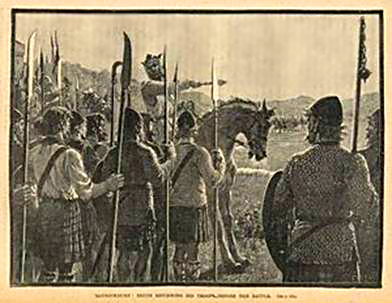 Robert the Bruce instructing his soldiers at the Battle of Bannockburn.