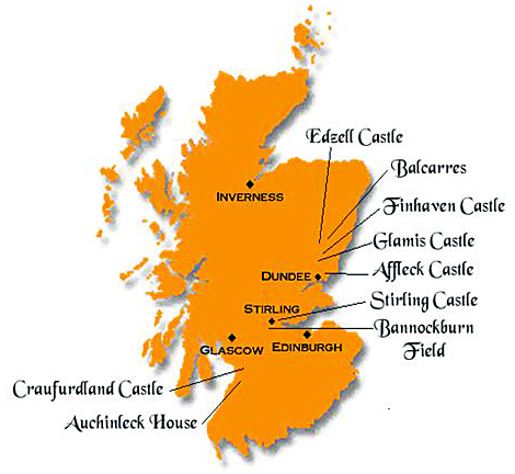 Map of Scotland showing locations of castles and other location described below the photo