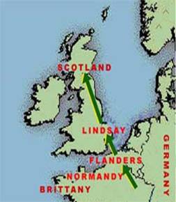 Migration of Lindsay ancestors via the County of Flanders (AD 900) and via the administrative area of Lindsay in Lincolnshire (aft. 1066), to Scotland (bef. 1116).